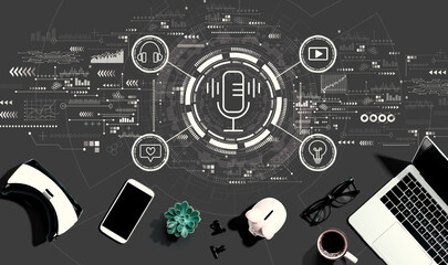 Podcast theme with electronic gadgets and office supplies - flat lay