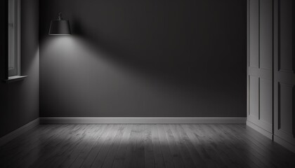 Empty light dark wall with beautiful chiaroscuro and wooden floor. Minimalist background for product presentation, mock up