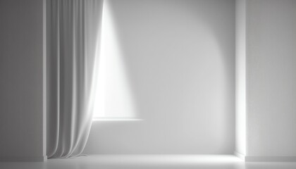 Minimalistic abstract gentle light grey background for product presentation with light and shadow of window curtains on wall
