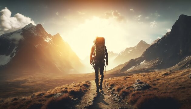 Hiker goes against sky and sun. Hiking concept