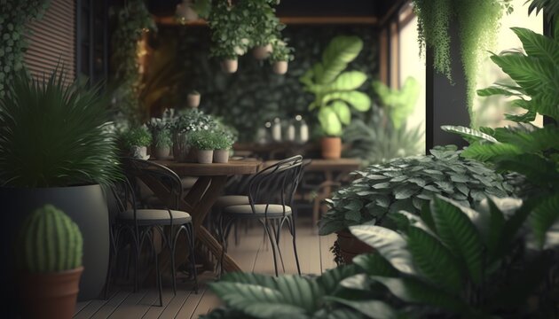 Lots of beautiful green lush indoor plants on the terrace. Decoration and landscaping of the terrace