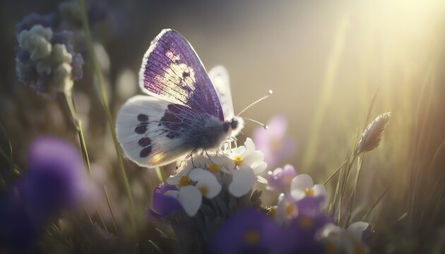 Purple butterfly on wild white violet flowers in grass in rays of sunlight, macro. Spring summer fresh artistic image of beauty morning nature. Selective soft focus