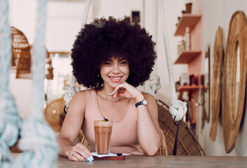 Black woman in coffee shop portrait with drink, relax with natural hair and smile, happy alone for...