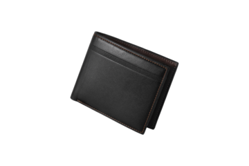 Top view of black leather wallet on transparent background. PNG format