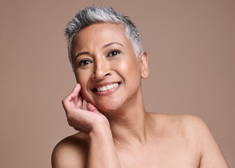 Face, skin and beauty with woman in antiaging skincare portrait, smile and healthy glow with...