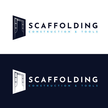 Scaffolding Logo Design. Building Tool Construction Vector Design. On Navy Blue, Cyan, And White Colors. Scaffold Illustration