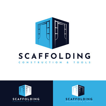 Scaffolding Logo Design. Building Tool Construction Vector Design. On Navy Blue, Cyan, And White Colors. Scaffold Illustration