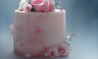 Illustration of a delicious pink cake with pink roses; original illustration