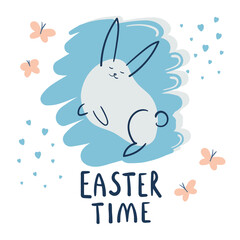 Easter bunny with easter time slogan. Hand drawn easter bunny on light white background