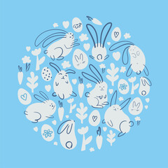 easter card in white and blue colors, simple drawing, light easter elements in linear and flat style, hand draw