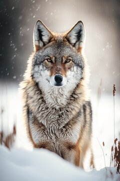 Photograph of a wolf in snow.