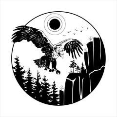 Illustration of an eagle above the coniferous forest. Rocky mountain landscape and clouds. Graphic vector illustration. Tattoo, travel, adventure, symbol of wildlife. Natural open spaces. Ecology.