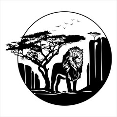 Illustration of a lion in the savanna under a tree. Rocky mountain landscape and clouds. Graphic vector illustration. Tattoo, travel, adventure, symbol of wildlife. Natural open spaces. Ecology.