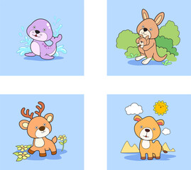 Vector cute set of animals, animal isolates in cartoon flat style.