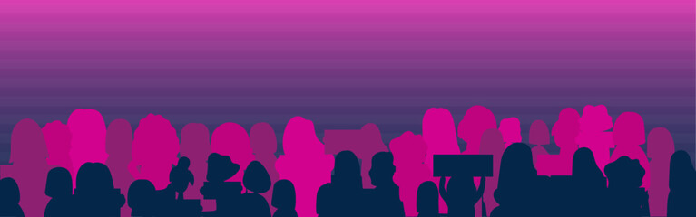 Silhouettes of crowd of people. Protest and strike, demonstration and revolution concept. Political protest in defense of women's rights. Vector in neon colors.