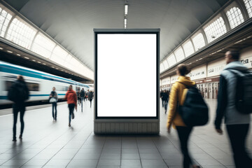 An empty blank billboard or advertising poster in a train station with blurred people. Generative ai - obrazy, fototapety, plakaty