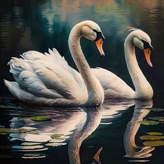 Beautiful White Swans Gracefully Swimming in the Lake: Nature's Wildlife at Its Finest: Generative AI