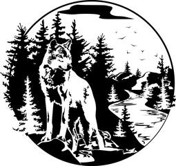 Wolf in the wild against the backdrop of forests, rivers and mountains. Tattoo, travel, adventure, wild nature symbol, wild animals. Natural open spaces. Ecology.