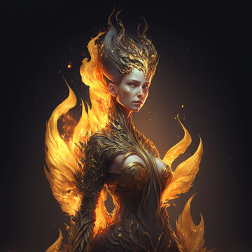 Full body view of a beautiful gold dragon woman surrounded by fire