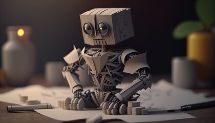 Cute Artificial Intelligence Robot with Paper Style Art Illustration, with Licensed Generative AI Technology Assistance