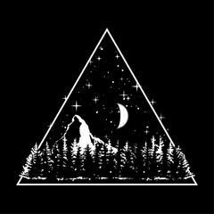 Vector illustration of fir forest, mountain, moon and stars in a triangle. Drawing for a tattoo, graphic drawing.