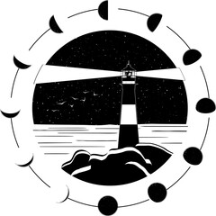 Vector illustration Lighthouse on the seashore, ocean for tattoo, graphic drawing.