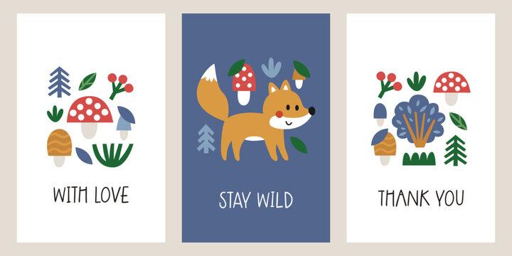 Cute vector woodland cards with forest animals, fox, hare, rabbit, mushrooms, plants, trees, leaves, bushes, berries, Sinek Agaric in minimal flat modern style © ejevyaka