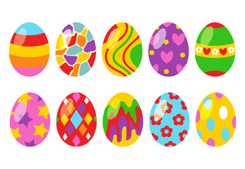 Colorful set of colored Easter eggs with a pattern. Design elements for holiday cards. Easter collection with different texture. Cartoon flat style vector illustration