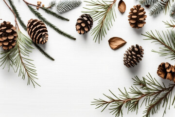 白木の背景にトウヒの小枝と円錐、クリスマスのフラットレイAI - obrazy, fototapety, plakaty