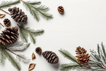 白木の背景にトウヒの小枝と円錐、クリスマスのフラットレイAI - obrazy, fototapety, plakaty