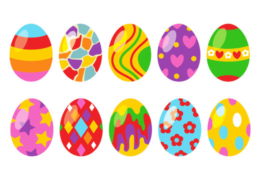 Colorful set of colored Easter eggs with a pattern. Design elements for holiday cards. Easter collection with different texture. Cartoon flat style vector illustration