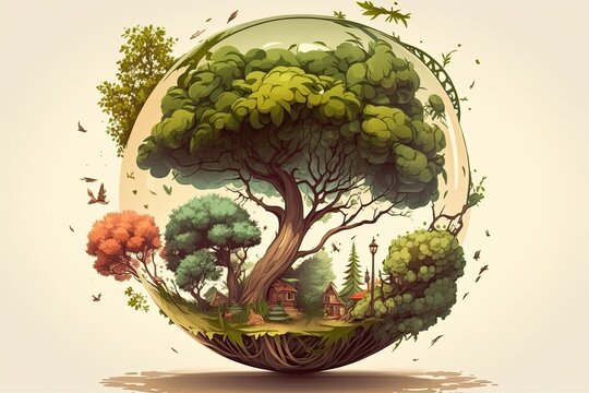 Celebrating Arbor Day and Our Earth's Natural Beauty: Tree Globe & Sphere Illustration: Generative AI