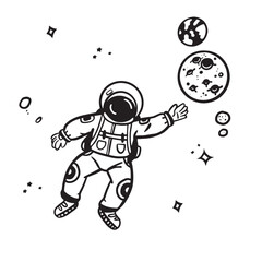 Astronauts in space on the background of the moon hand-drawn, for posters, stickers and any design. Isolated on a white background. Vector illustration with doodles.