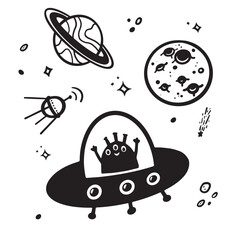 Cute alien, flying saucer, spaceship, hand-drawn, for posters, stickers and seasonal design. Isolated on a white background. Vector illustration with doodles.