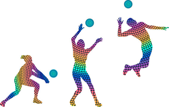 Set of silhouettes of Volleyball players from colored dots. Isolated vector images