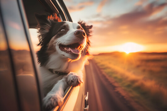 Dog riding in car and looking out from car window. Generative AI