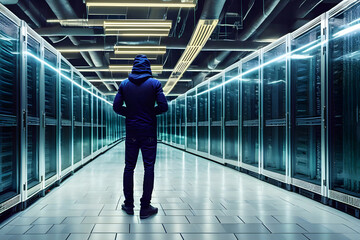 Fototapeta premium Hacker in hoodie breaking into data server dark theme. Generative AI