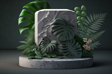 Natural stone podium and tropical leaves backdrop with forest background