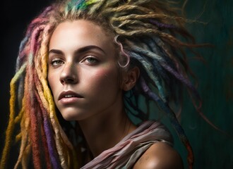Blonde woman with colorful dreadlocks. Generative AI.