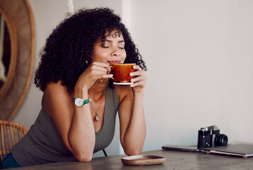 Black woman, smelling or coffee cup in restaurant, cafe or coffee shop for organic chai, matcha or local retail caffeine. Smile, happy or relax bistro customer, student or entrepreneur or morning tea - obrazy, fototapety, plakaty