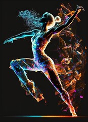 Illustration of dancing girl with neon lights at black background. Generative AI.
