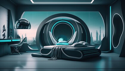 Ultra modern futuristic plastic bedroom to wake up everyday in the future, interior