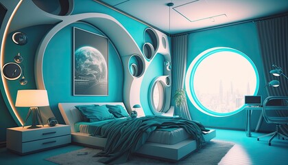 Ultra modern futuristic plastic bedroom to wake up everyday in the future, interior