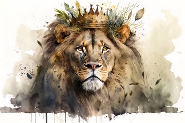 Watercolor of a lion with a crown. King of the forest. Powerful animal. Generative AI