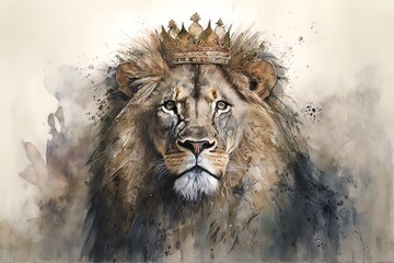 Watercolor of a lion with a crown. King of the forest. Powerful animal. Generative AI - obrazy, fototapety, plakaty