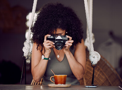 Woman influencer, camera photography and coffee shop, cappuccino and blog post, website and content marketing a product. Female, picture and food for social media, photographer and content creator