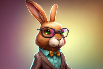 Fototapeta na wymiar Smart stylish rabbit in glasses. Trendy concept with a modern cartoon bunny. Generative AI