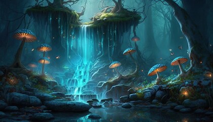 Enchanted Wonderland: An Enchanted Forest with a Magical Waterfall, Fairies, and Glowing Mushrooms