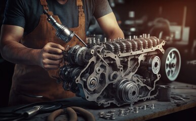 Fototapeta na wymiar repairman repairing a car engine automotive workshop with a wrench, Automobile mechanic car service and maintenance, Repair service
