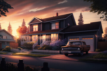 American residential neighborhood, aerial view. Suburban with living houses for upper middle class family at sunset, tilt shift effect. Created with Generative AI